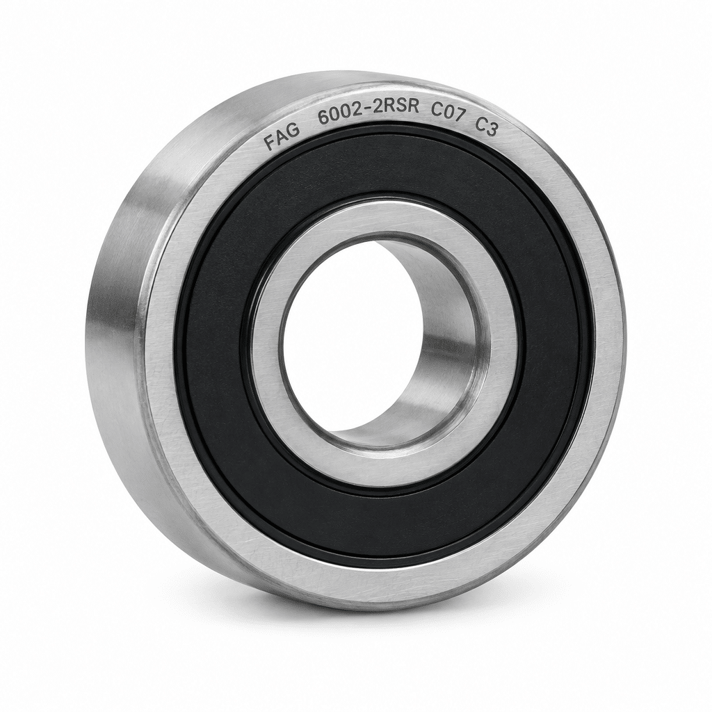Rolamento FAG 6002-2RS-C07-C3 selado com vedação de borracha e folga interna ampliada para alta performance térmica.